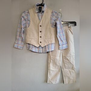 Boy's size 7 Izod beige 3pc suit set: pants, vest, white/blue/orange plaid shirt